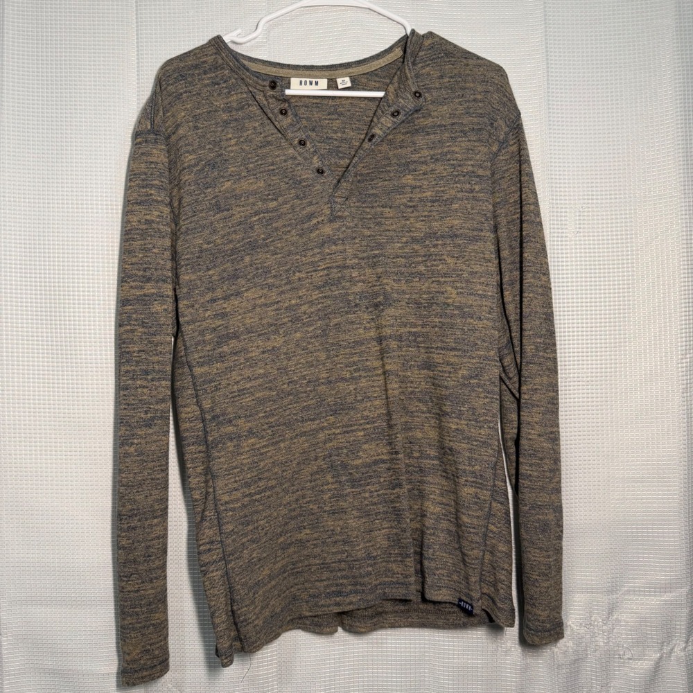 ROWM Henley Shirt Medium Brown Blue Space Dye Long Sleeve Button Neck